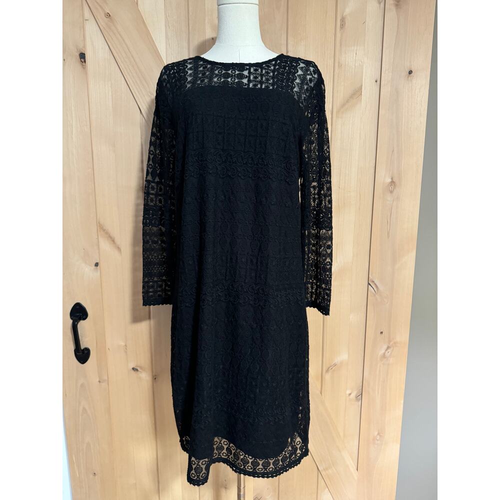 Garnet Hill | Duet Embroidered Lace Long Sleeve Black Dress | Size 4